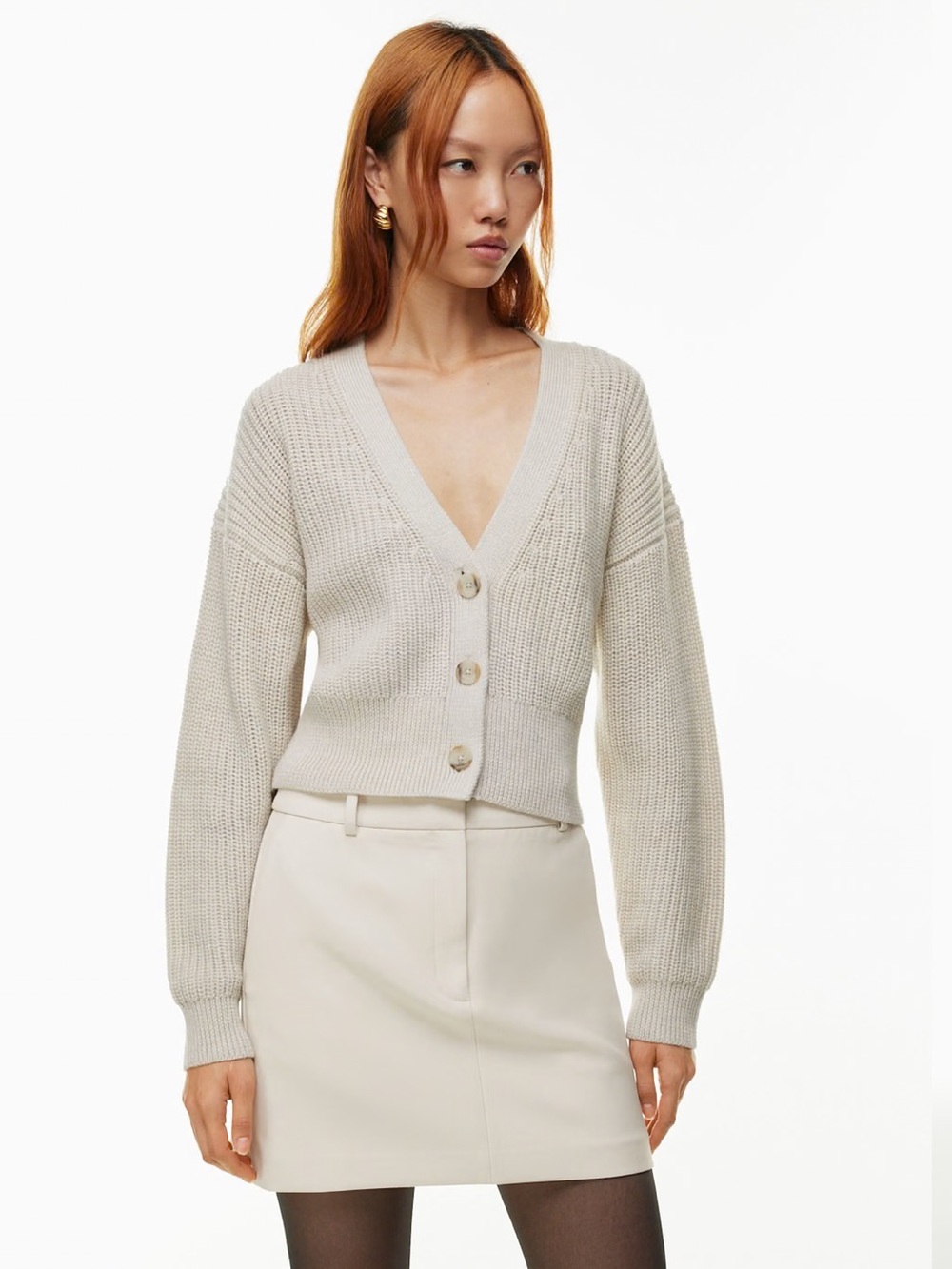 Aritzia Babaton Canberra Cardigan Heather Birch 100% merino wool Cropped V-Neck